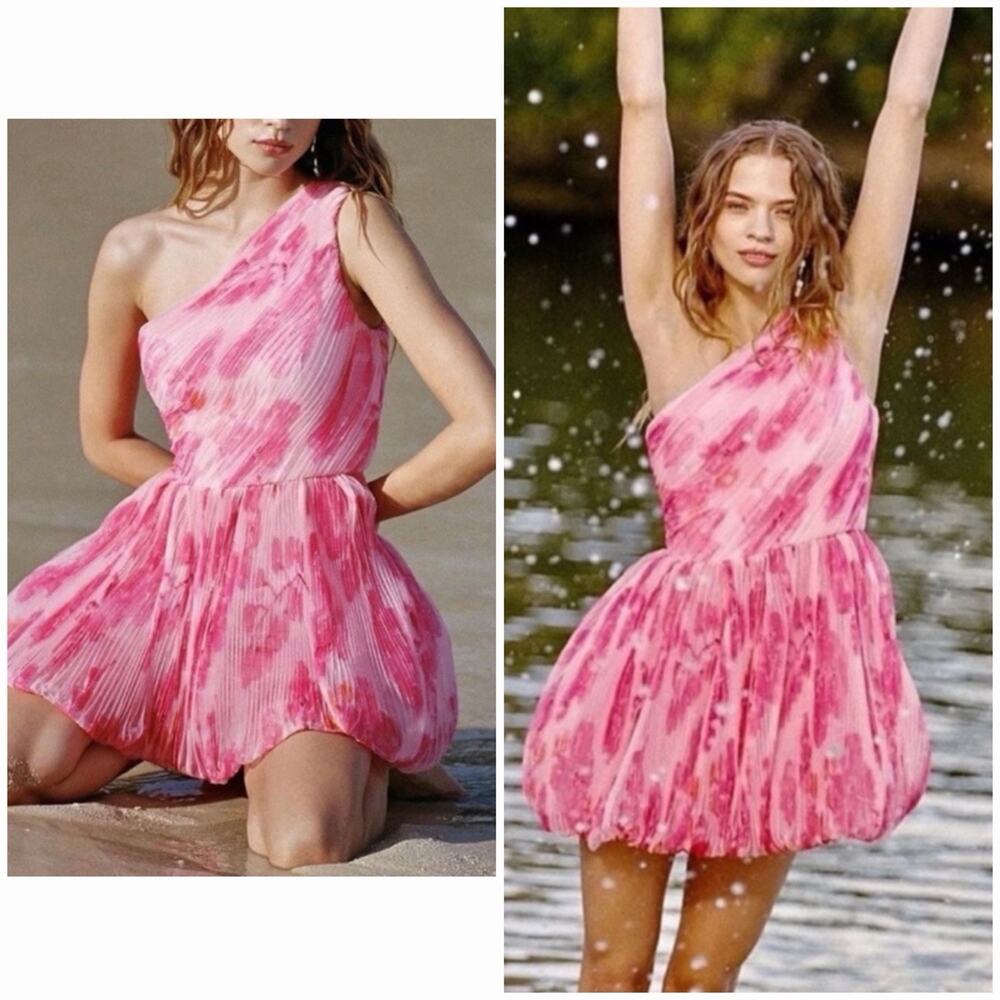 Hutch Anthropologie One Shoulder Bubble Hem Dress 4 Pink Tulle Party Barbiecore